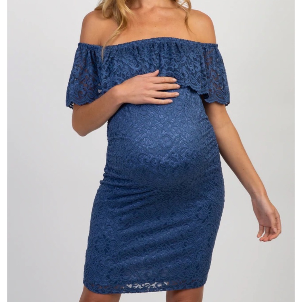 Pinkblush blue lace off the shoulder fitted maternity dress
